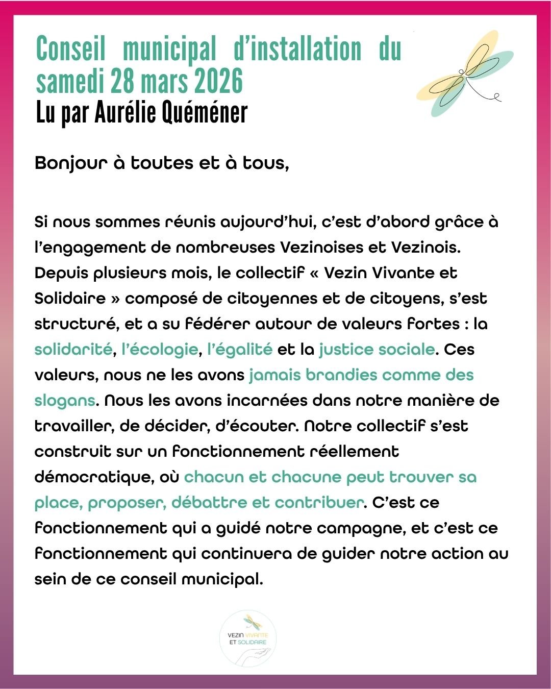 Intervention d'Aurélie Quéméner au 1er conseil municipal - 28 mars 2026