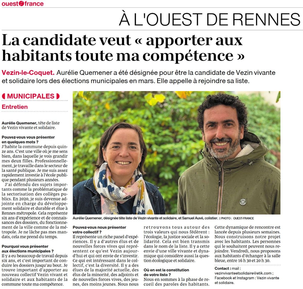  Aurélie Quéméner annonce sa candidature aux municipales de 2026 avec la liste Vezin Vivante et Solidaire.(Article Ouest France paru le 26 novembre 2025 